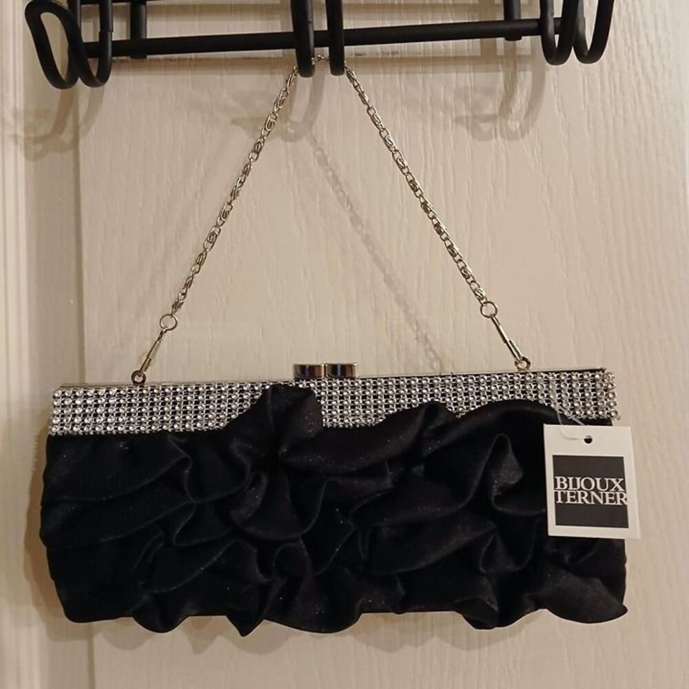 NWT Y2K Mcbling Black Ruffle Clutch Evening Bag Bling Chain Strap Party Glam